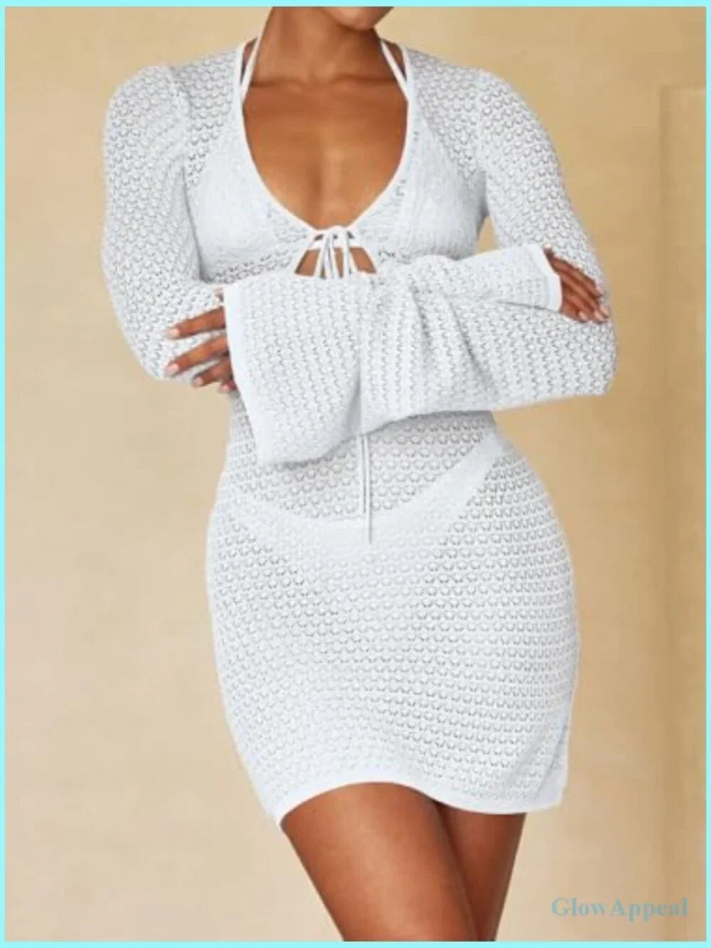 Crochet Knit V-Neck Bell Sleeve Beach Cover Up Dress